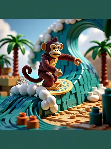 A LEGO surfing on a wave made entirely of LEGO bricks. The wave is large and dynamic, curling over as if forming a tube. The monkey is posed in an action stance on a LEGO surfboard, balancing skillfully. The background features a LEGO beach with sand made ...