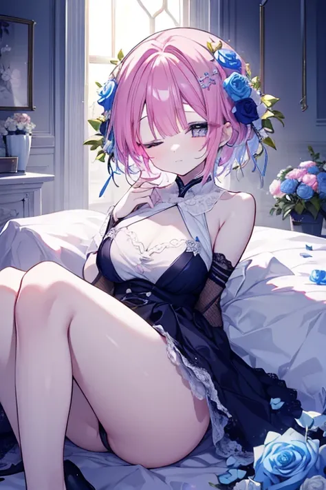  A fair-skinned beauty who dies in a coffin filled with lots of blue roses、 pink short hair、 dim room、Light shining slightly 、 Eyes Closed 、Sleep peacefully 