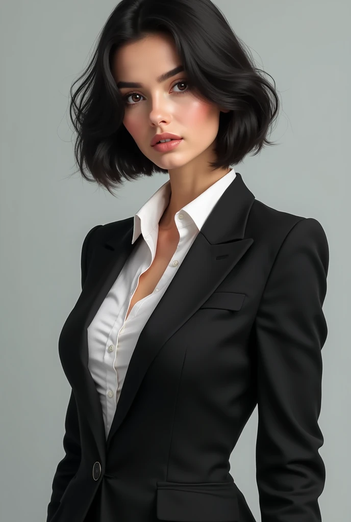 25 years old beautiful european girl with white skin short wavy black hair, wearing a formal black business suit