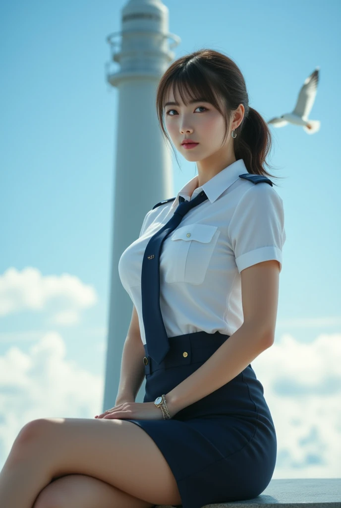 self defense officer uniform, wearing a white short-sleeved shirts, navy blue tie, navy blue pencil skirt, Black patent high heels, beautiful hip-line, Beautiful thighs, Woman looking into the distance, (((face focus))), a woman Sitting with legs crossed, ...