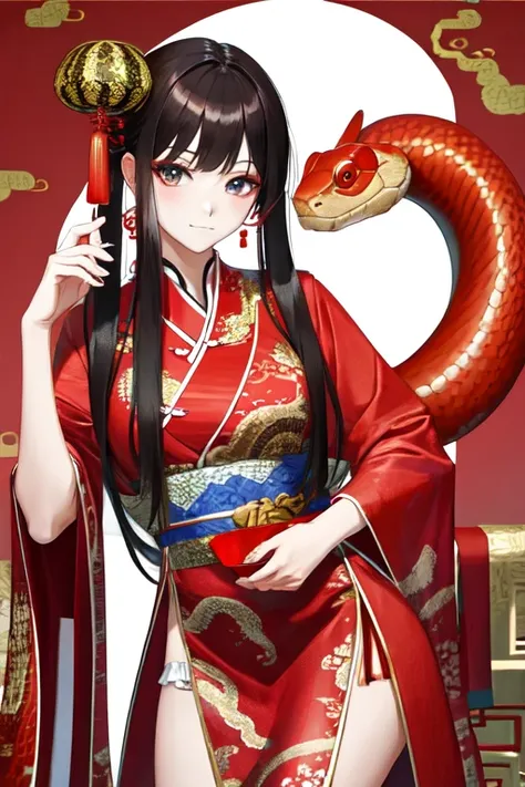 Snake cloth, red snake, beautiful Chinese girl, in the new Chinese year (masterpiece, best quality:1.3)