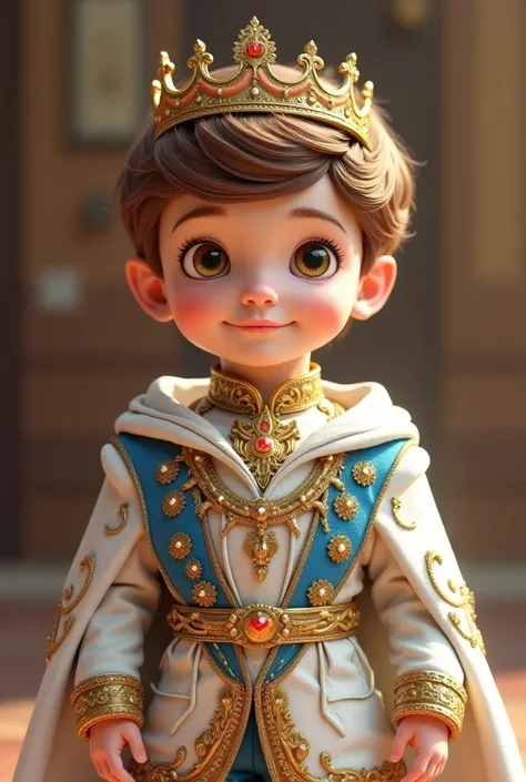 Baby Prince,  very light brown hair , honey eyes and clothing in white with gold and royal blue and with a crown