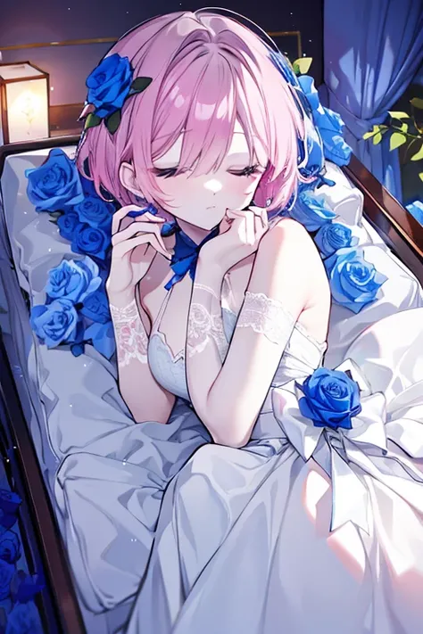  A fair-skinned beauty who dies in a coffin filled with lots of blue roses、 pink short hair、 dim room、Light shining slightly 、 Eyes Closed 、Sleep peacefully 、 lie down、Deep Sleep