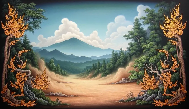 Mural Thai painting. Art. an empty land filled with swirling dust, has dense forest and mountains as a background. scary atmosphere.