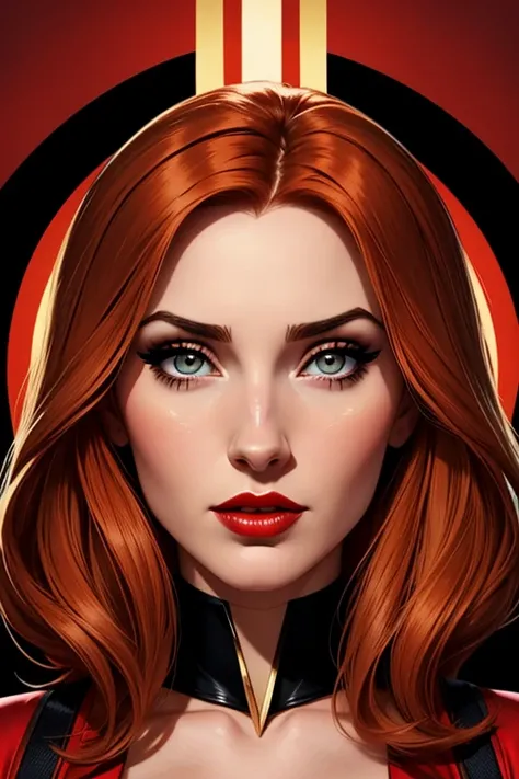 A waist-up portrait of a beautiful female whose facial features are a combination of Camryn Grimes + Felicia Day + Elena Satine. The female has lovely makeup on her face. The female wears red lipstick. Symmetrical eyes. Symmetrical face. Full-colored.