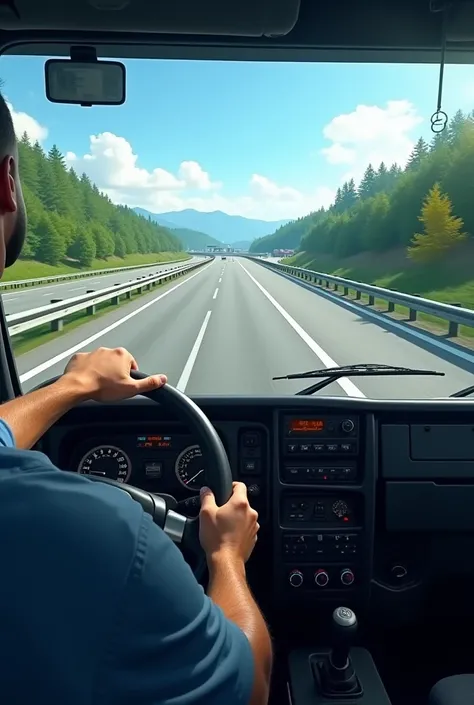 Picture of a truck driving on the Korea Expressway from the driver's seat