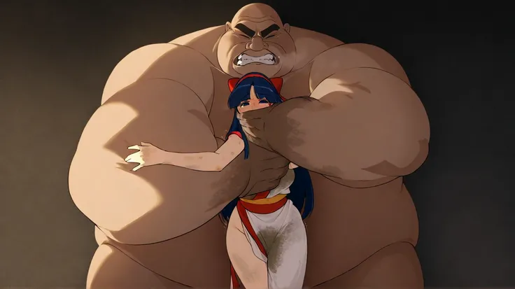 Fat huge man blocking Nakoruru's mouth with his palm、Giant and Fat with dirty hands hug you from front to back、fat man in dirty clothes、 abnormally bulging hips、Disgusted Nakoruru 、