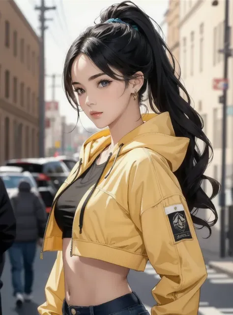 (masterpiece, best quality:1.4),(photorealistic:1.4)(realistic, photo-realistic:1.4),8k UHD,ultra high res,RAW,HDR A close-up view, woman, aged 21, with long, sleek black hair styled in a high ponytail. She has warm tan skin with a slight golden undertone,...