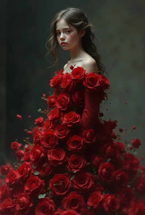 Create a girl with full of roses dress and weaping for her mother death 