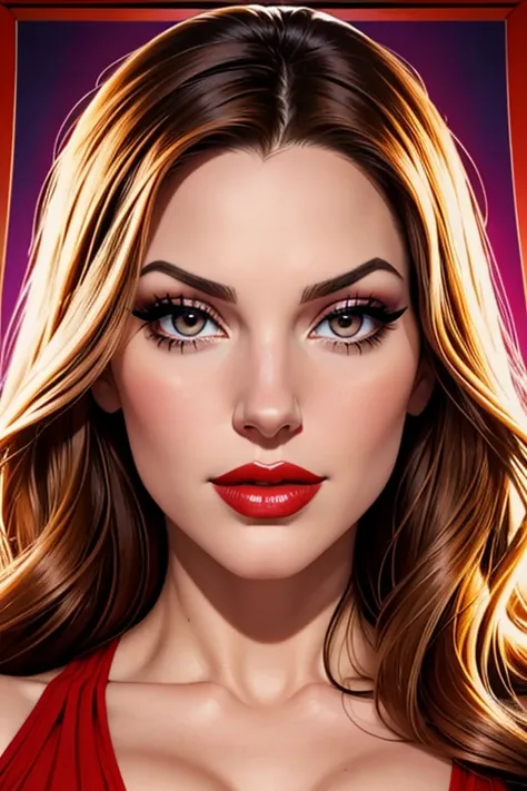 A waist-up portrait of a beautiful female whose facial features are a combination of Kelly Brook + Katharine McPhee + Esme Bianco. The female has lovely makeup on her face. The female wears red lipstick. Symmetrical eyes. Symmetrical face. Full-colored.