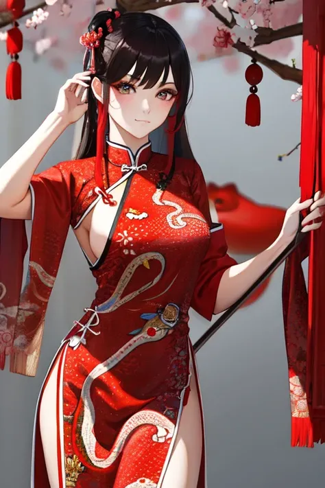 Snake cloth, red snake, beautiful Chinese girl, in the new Chinese year (masterpiece, best quality:1.3)