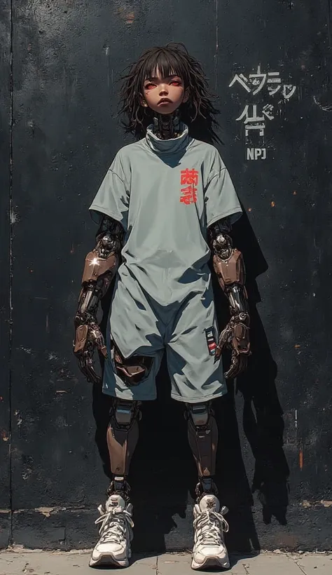 Cyberpunk,cyberpunk anime,cyborg, a young African Boy cyborg, Cute small round shaped face, wild short dread locs, glowing red eyes, dark brown skin color,full body, tall body slim body figure. Ectormorph body type,blank gaze, visible minimal cybernetic im...