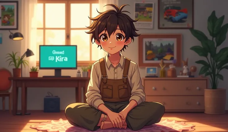 Create an image of 18 years anime boy sitting in the Room wearing Farmer dress and showing his YouTube channel Name Gaming ka kira 