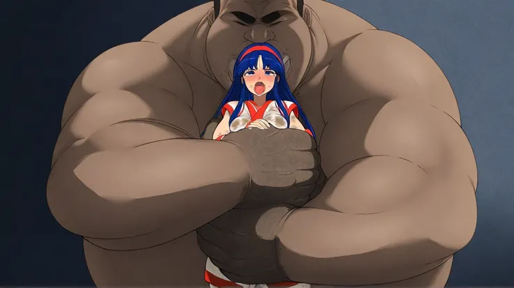 Fat huge man blocking Nakoruru's mouth with his palm、Giant and Fat with dirty hands hug you from front to back、fat man in dirty clothes、 abnormally bulging hips、Disgusted Nakoruru 、