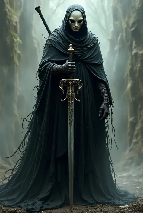 Seraphis stands at an imposing height of nearly 7 feet, his form shrouded in a long, flowing robe of tattered black and silver that constantly seems to ripple as if caught in an otherworldly breeze. The fabric is heavy but ethereal, with shifting shadows t...