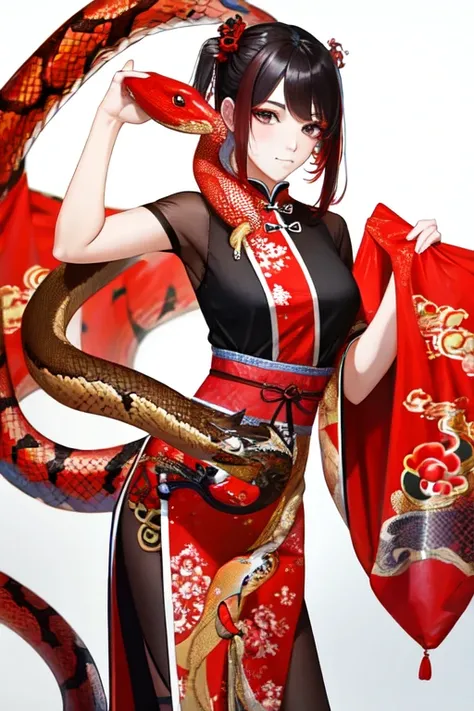 Snake cloth, red snake, beautiful Chinese girl, in the new Chinese year (masterpiece, best quality:1.3)