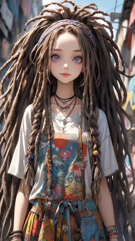  Tim Burton's Style、 extremely realistic 、Hippie Fashion、 dreadlocks、 girl、