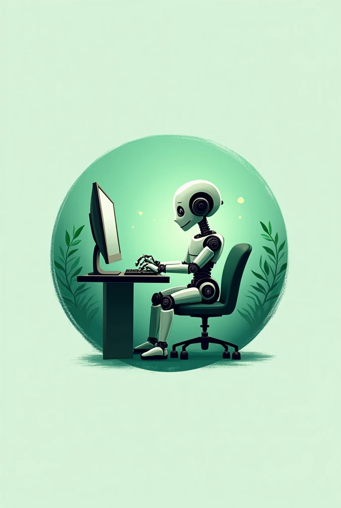 Name of the logo  >  round shape with the symbol of a robot sitting on a chair touching a computer regardless of whether the dominant color is green 