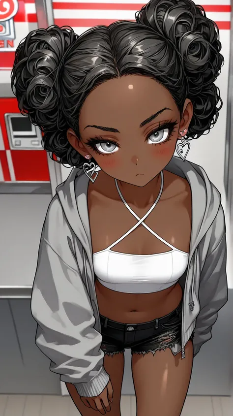 1Girl, Mature, Ebony, African American, Dark Skin, Small Curly Buns, Jet Black Curly Buns, Ash Grey Eyes, Medium Chest, White Halter Crop-Top, White Cropped High-Cut Hoodie, Black Short Shorts, Jewelry, Heart Earrings, Looking At Viewer, Bored, Serious, Bl...