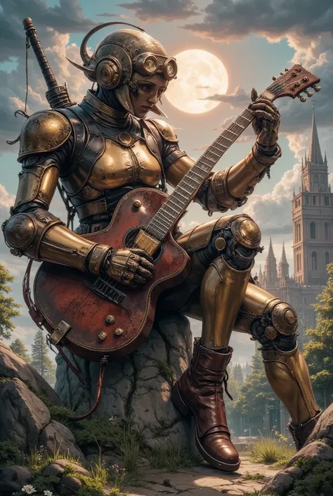 wasteland，(A very poor old mech sitting on a rock playing guitar:1.3)，(the guitar player)，(Sitting:1.2)，rust，Wearing tattered armor，The skyline in the distance，Gothic，moss，（A small white flower），（Cemetery），Gothic church，（Blood red moon），Gothic elements，wil...