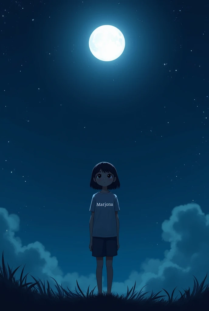 "A girl is standing, looking at the moon, and her t-shirt has the name 'Marjona' on it."