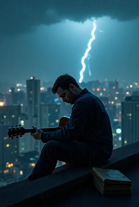 Lonely man sitting on a building roof, dark city, blue tone, realistic, heartbreak mood, raining, lights, Guitar, Notebook, thunderstorm 