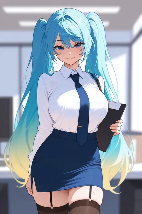 masterpiece, best quality, ultra-detailed, illustration, colorful, flat color, depth of field, 1girl, sona buvelle, anime, standing, blue hair, twintails, blue eyes, looking at viewer, at office, white shirt, blue tie, blue skirt, pencil skirt, thighhighs,...