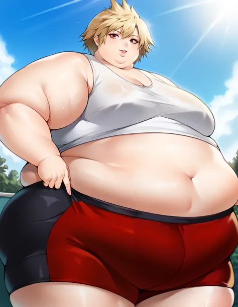 score_9, score_8_up, score_7_up, score_6_up, source_anime, 1girl, solo, mski, blonde hair, spiked hair, short hair, red eyes, mature female, large breasts, tank top, midriff, sport shorts, looking at viewer, sunlight, day, summer, fat, chubby, obese