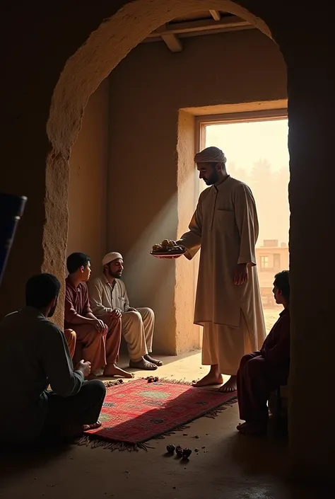 Ahmed Offering Food to Those in Need
Prompt: A scene inside a humble home, with Ahmed handing food to a group of poor villagers sitting on the floor. The food is simple – bread, dates, and water. The room is modest, with a few rugs and basic furniture.