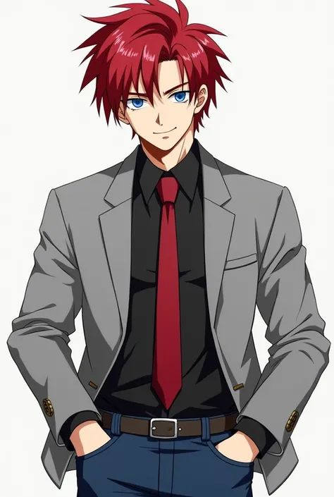 Goku with gray jacket and black shirt and red tie and jeans and red hair and blue eyes 