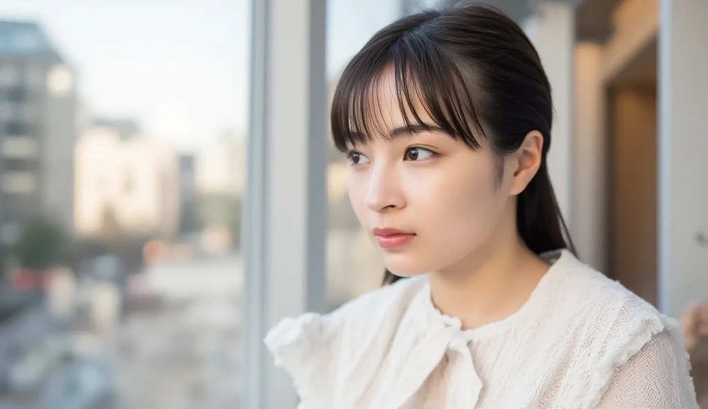 Beautiful girl, hirose suzui with long hair, evening dress, holding a white board with text "Digitalization" and showing it to the viewer, suffering from Digitalization