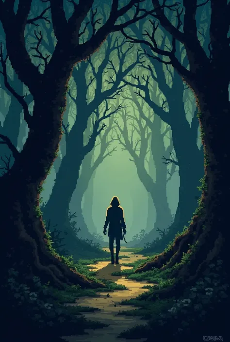 pixel art, dark woods