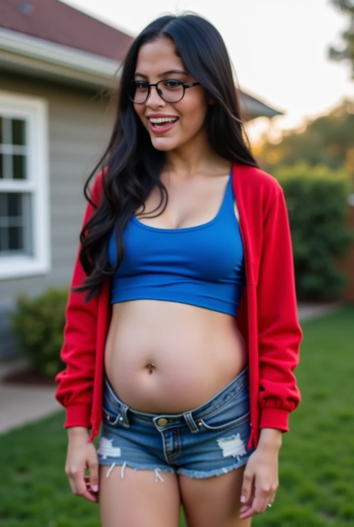  Realistic photo ,A skinny hottie , white skin , long black hair , wearing a blue Topper and a red jacket and open denim shorts, She's laughing ,  image with her belly bloated after eating a lot at grandma's house. Backyard house background image