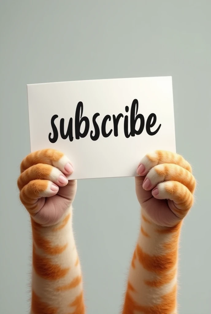 Two realistic cat paws holding a banner that says "Subscribe." Cat hand not human hand
