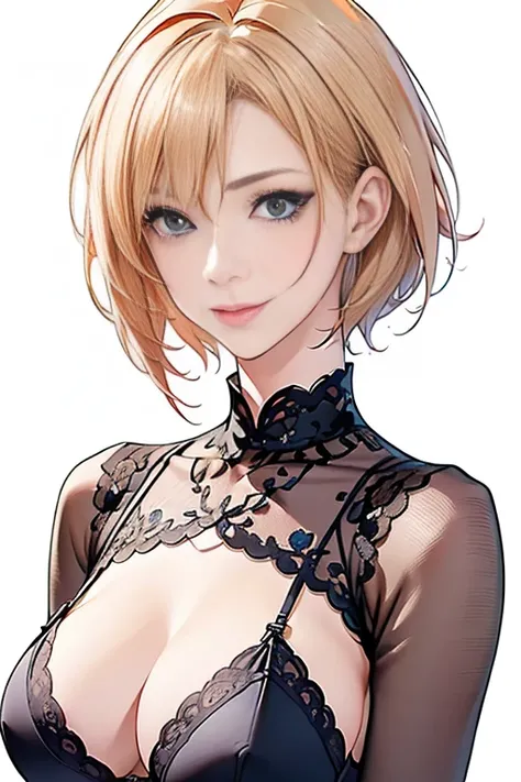  blonde short haired ,  blue eyes,  tilts its head, classy black lace bra、smile、kind、solid white background、 big breasts、Red Hair、