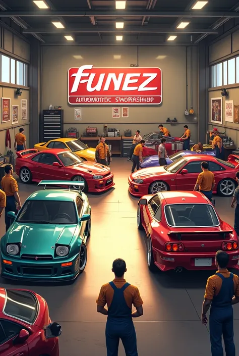 I want an animated workshop with a sign that says Funez Automotive Workshop where men are working on Japanese sports cars