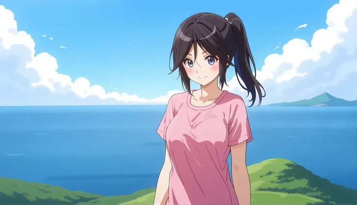 １ women over、 black hair、 ponytail、 pink tank top 、 medium chest、 shorts、Fading hair、Short sleeve、 on top of the hill、smile、blue sky、 detailed background on a futon、 beautiful landscape、 Hill with a View of the Sea 、Observation Deck