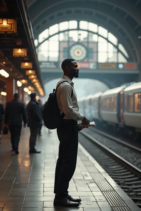 Create a picture of a black man waiting for the train in Leeds Uk