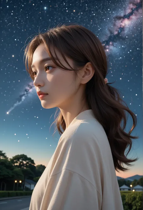 A 22-year-old Japan woman、The following are characteristic features:。 · Cygnus is shooting under a beautiful starry sky · Little exposure · Good style · Fair skin · Long brown hair · Background is a starry sky · The subject is a little far away · Neat and ...