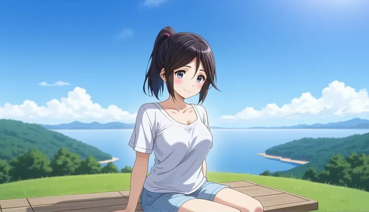 １ women over、 black hair、 ponytail、 white tank top、 medium chest、Light blue shorts、Fading hair、Short sleeve、 on top of the hill、smile、blue sky、 detailed background on a futon、 beautiful landscape、 Hill with a View of the Sea 、Observation Deck