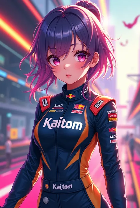 An anime girl wearing a sports racing suit, a screen shirt that Benedict is nicknamed below as kaitom. 