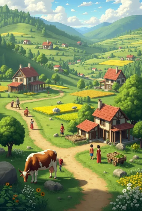 (A beautiful village with lush green fields. A cow is grazing peacefully while ren play happily, and farmers work in the fields images create 