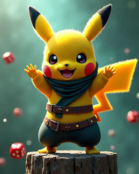 pikachu with costume ninja with cool pose stand at top power pole, with anger expressions, brave look and and spread his hands and let out dice is flying and background is smoky with green and black color , 8K ,HDR