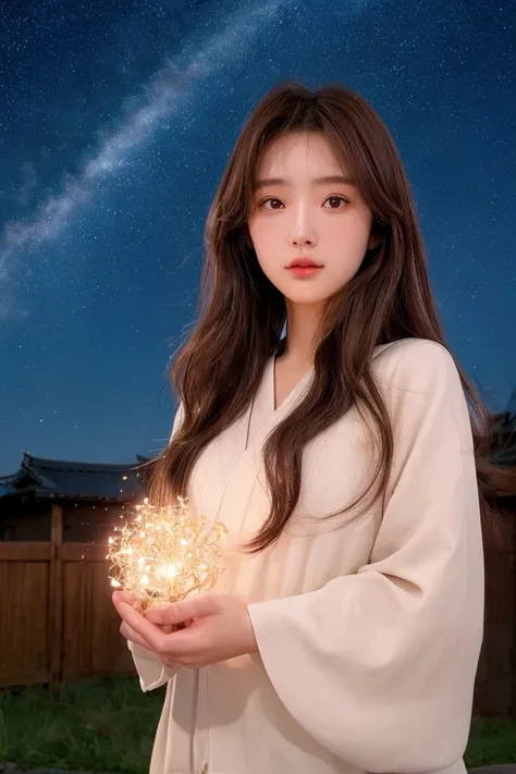 A 22-year-old Japan woman、The following are characteristic features:。 · Cygnus is shooting under a beautiful starry sky · Little exposure · Good style · Fair skin · Long brown hair · Background is a starry sky · The subject is a little far away · Neat and ...