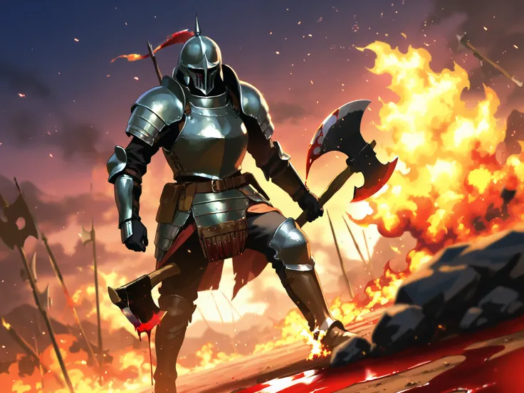  A orcs army standing in war field ,  (((holding axe covered in blood))), ground cover in fire and sparkling fire and fire particles flying