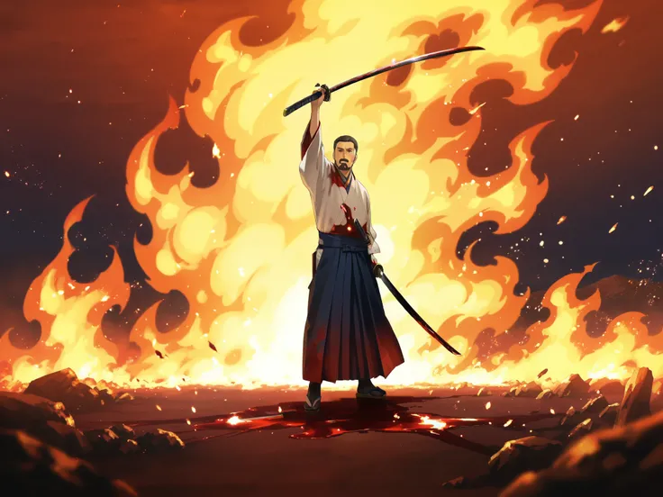  A mature man standing in((hakama )) in war field ,  (((holding katana covered in blood))), ground cover in fire and sparkling fire and fire particles flying