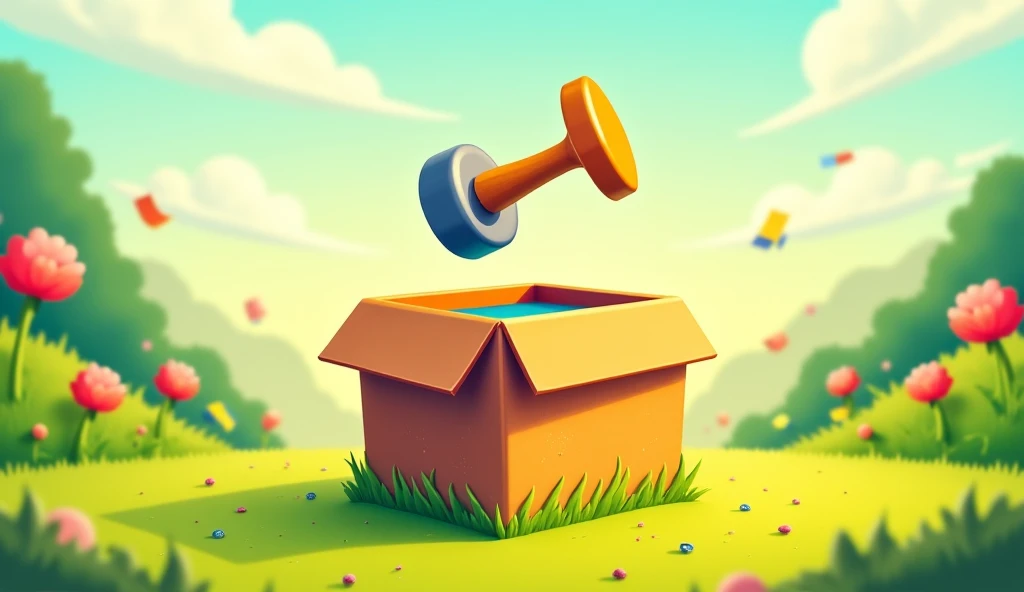 
A colorful, -friendly scene featuring a large, mysterious box sitting on a grassy patch. Above the box, there is a hammer hovering in mid-air, as if ready to strike it. The hammer is brightly colored with a wooden handle and a shiny metal head. The box is...