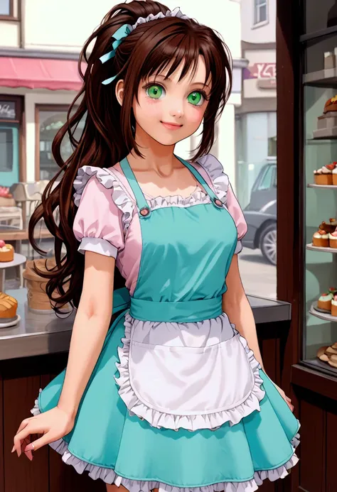 Lucy has youthful ((seven years old)) appearance, rounded face, brown long hair, heterochromia green-blue eyes, pale white skin, smooth baby skin, petite 130cm height with stunted growth, with (big overflowing breasts)  --- fluffy ponytail, cute frilly dre...