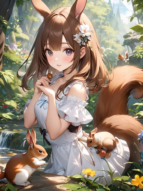    beauty  、   Digital Art 、8k、  Max Image Quality、  Beautiful World  、peace、 Genuine 、 girl、squirrel ears 、tail、rabbit