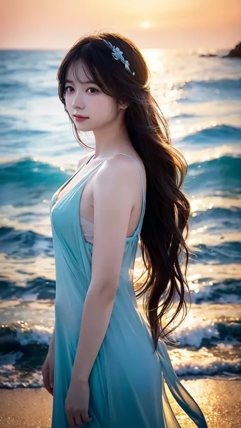 Neon-illuminated characters、 A beautiful woman standing against a fantastic ocean backdrop 、 Long, wavy hair like soft waves 、 clear skin 、 A fantastic atmosphere with gentle light shining in 、 Artwork drawn with delicate details and rich colors、 The grada...